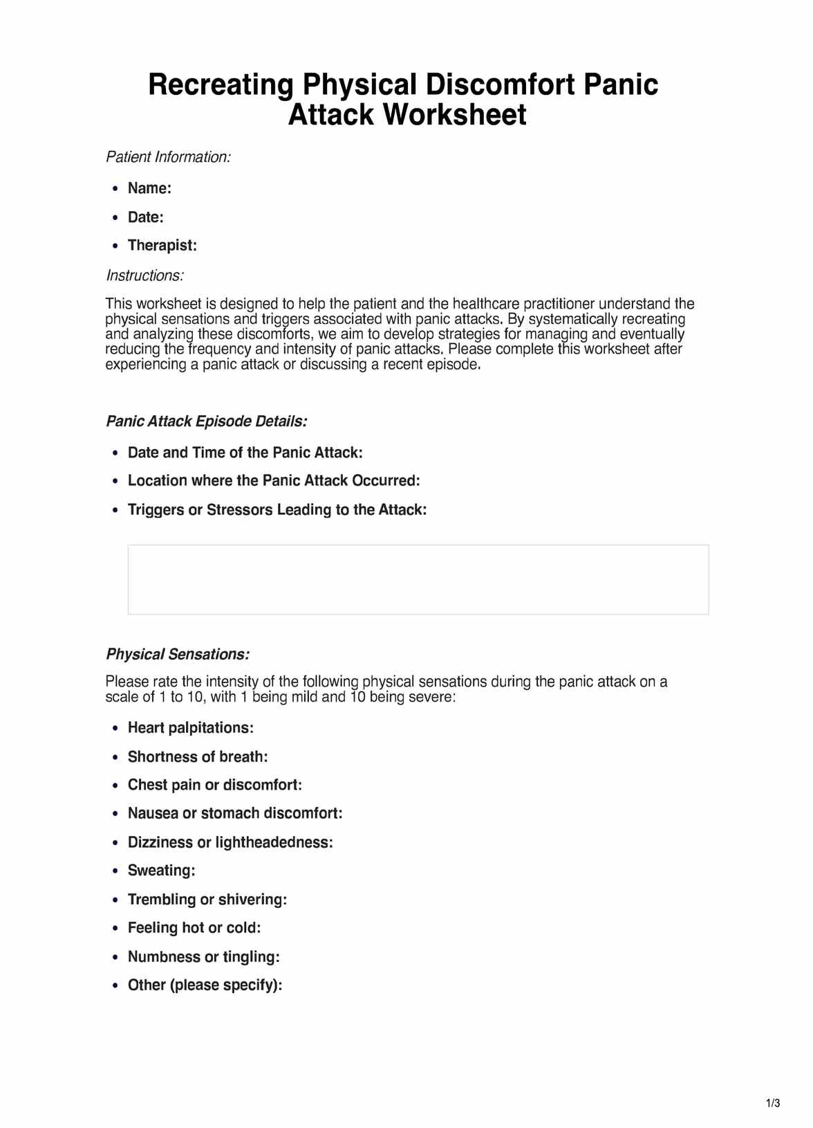Recreating Physical Discomfort Panic Attack Worksheet PDF Example