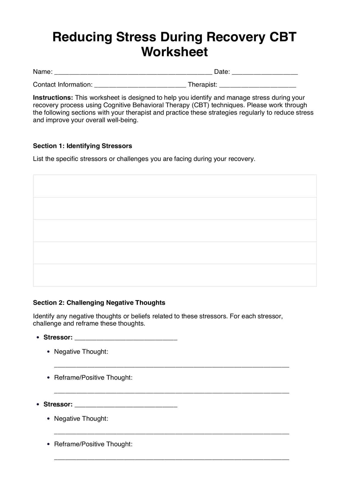 Reducing Stress During Recovery CBT Worksheet PDF Example