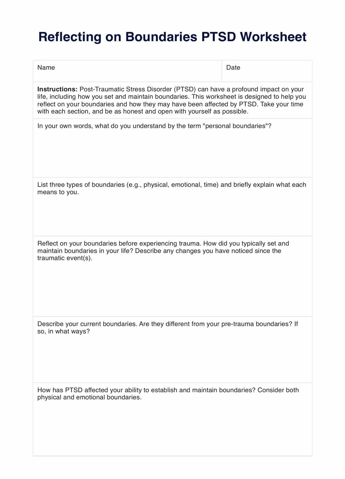 Reflecting on Boundaries PTSD Worksheet PDF Example
