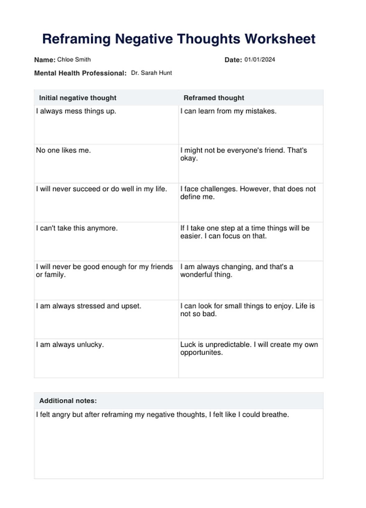 Reframing Negative Thoughts Worksheet PDF Example