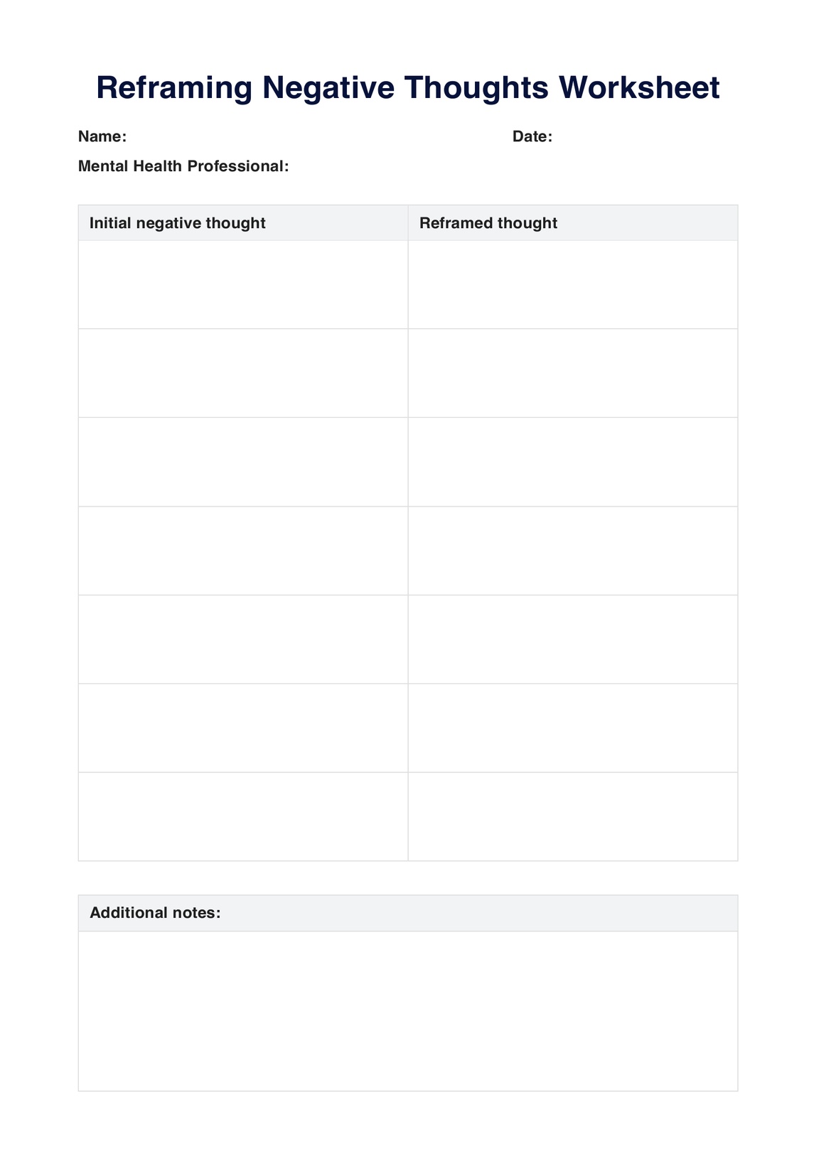 Reframing Negative Thoughts Worksheet PDF Example