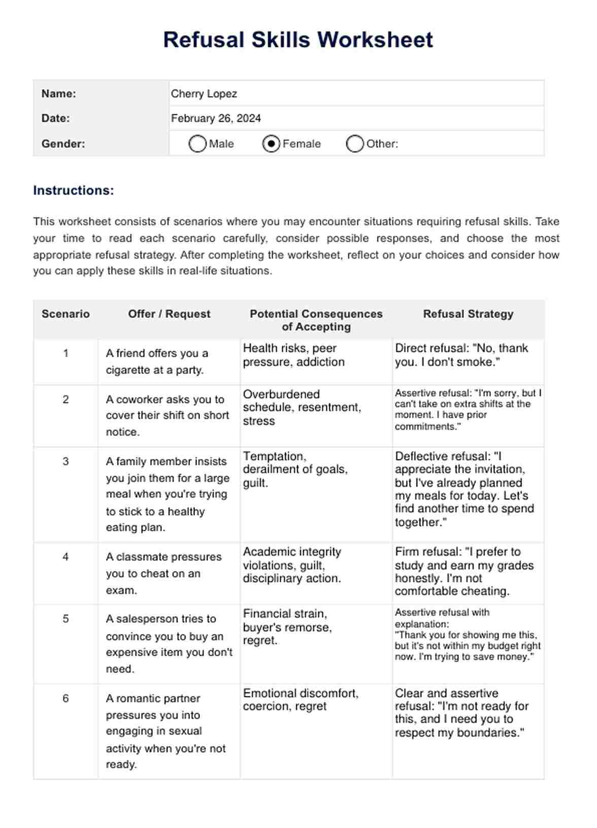 Refusal Skills Worksheet PDF Example