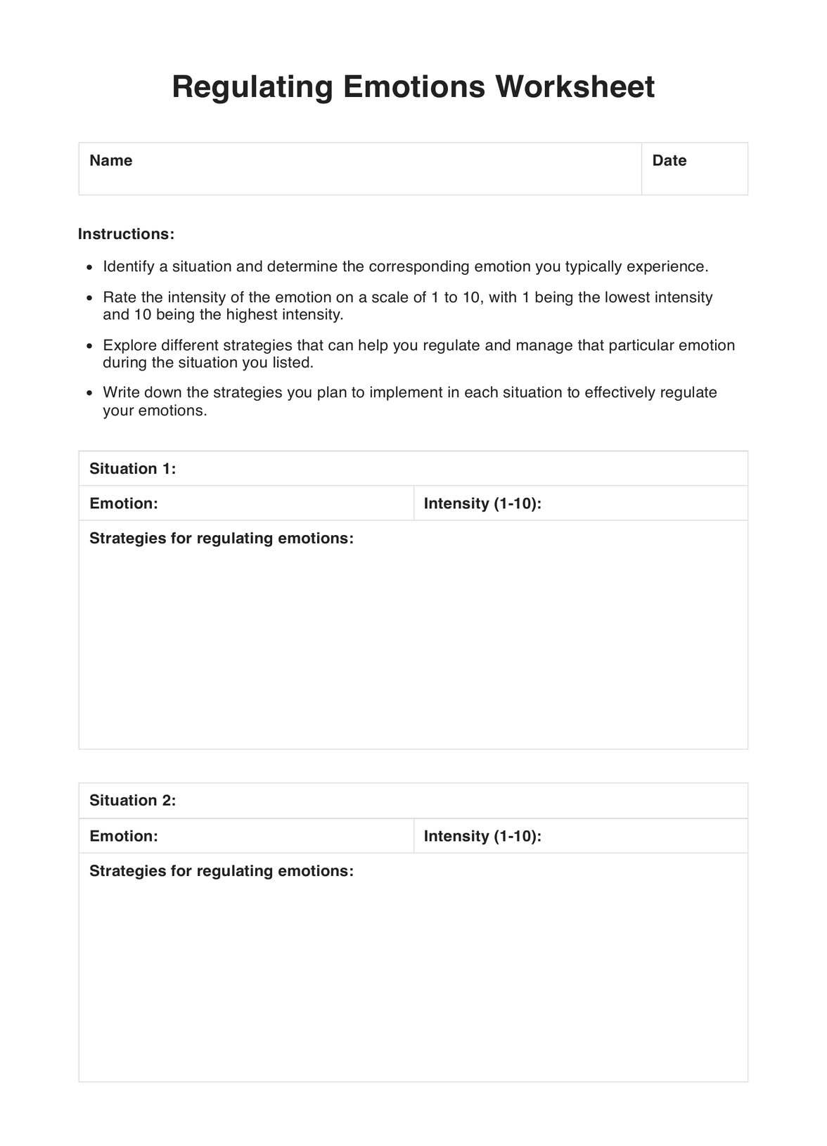Regulating Emotions Worksheets PDF Example