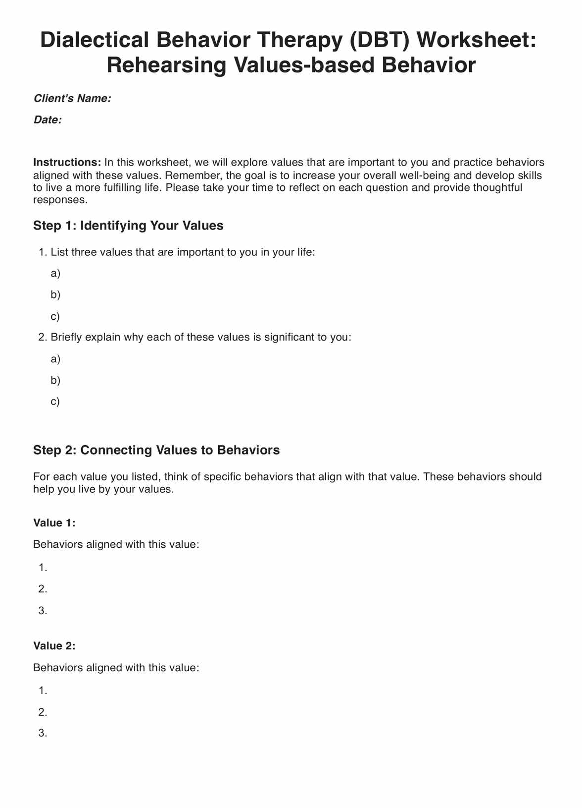 Rehearsing Values-based Behavior DBT Worksheet PDF Example
