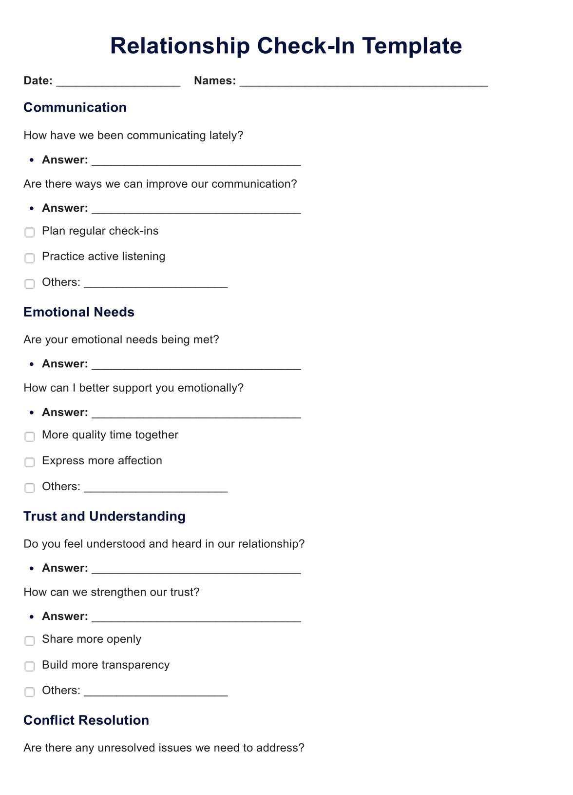 Relationship Check-In Template PDF Example
