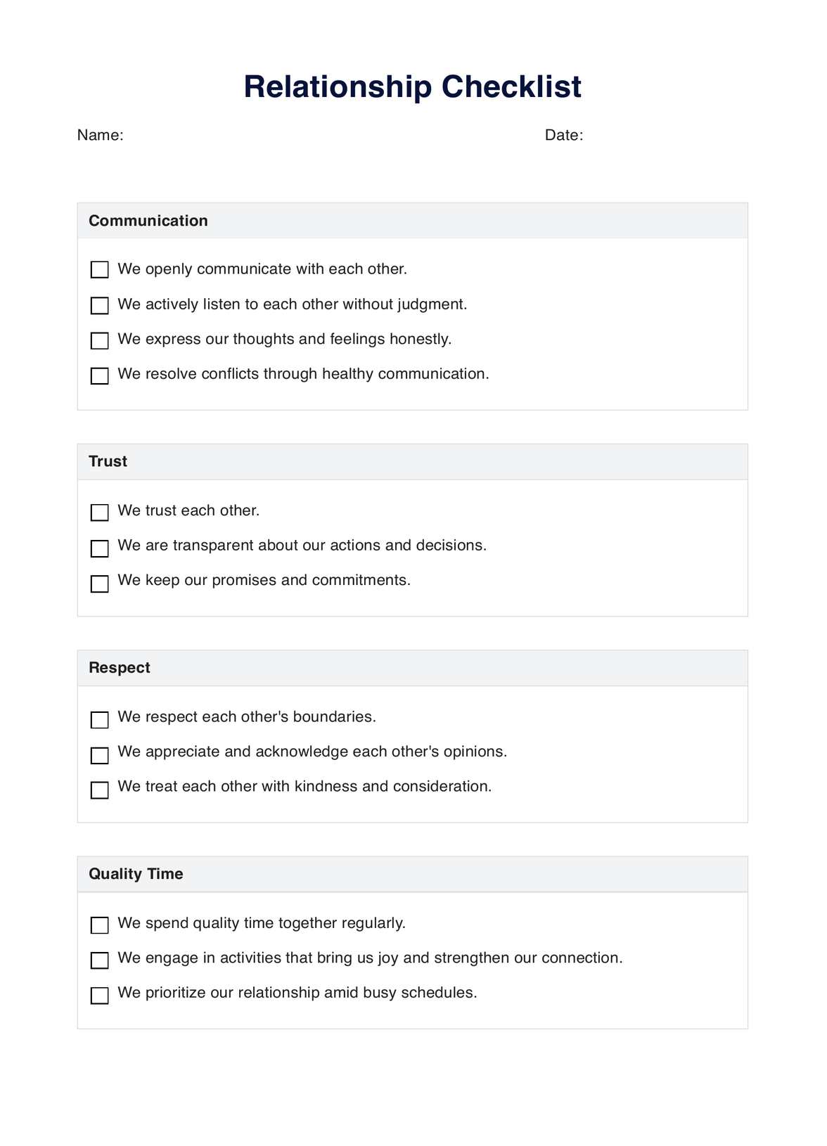 Relationship Checklist Template PDF Example