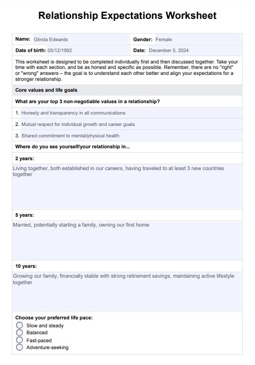 Printable Relationship Expectations Worksheet PDF Example