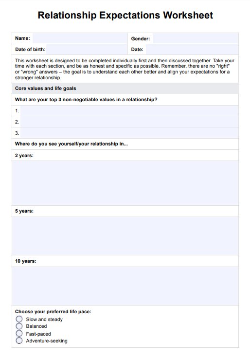 Printable Relationship Expectations Worksheet PDF Example