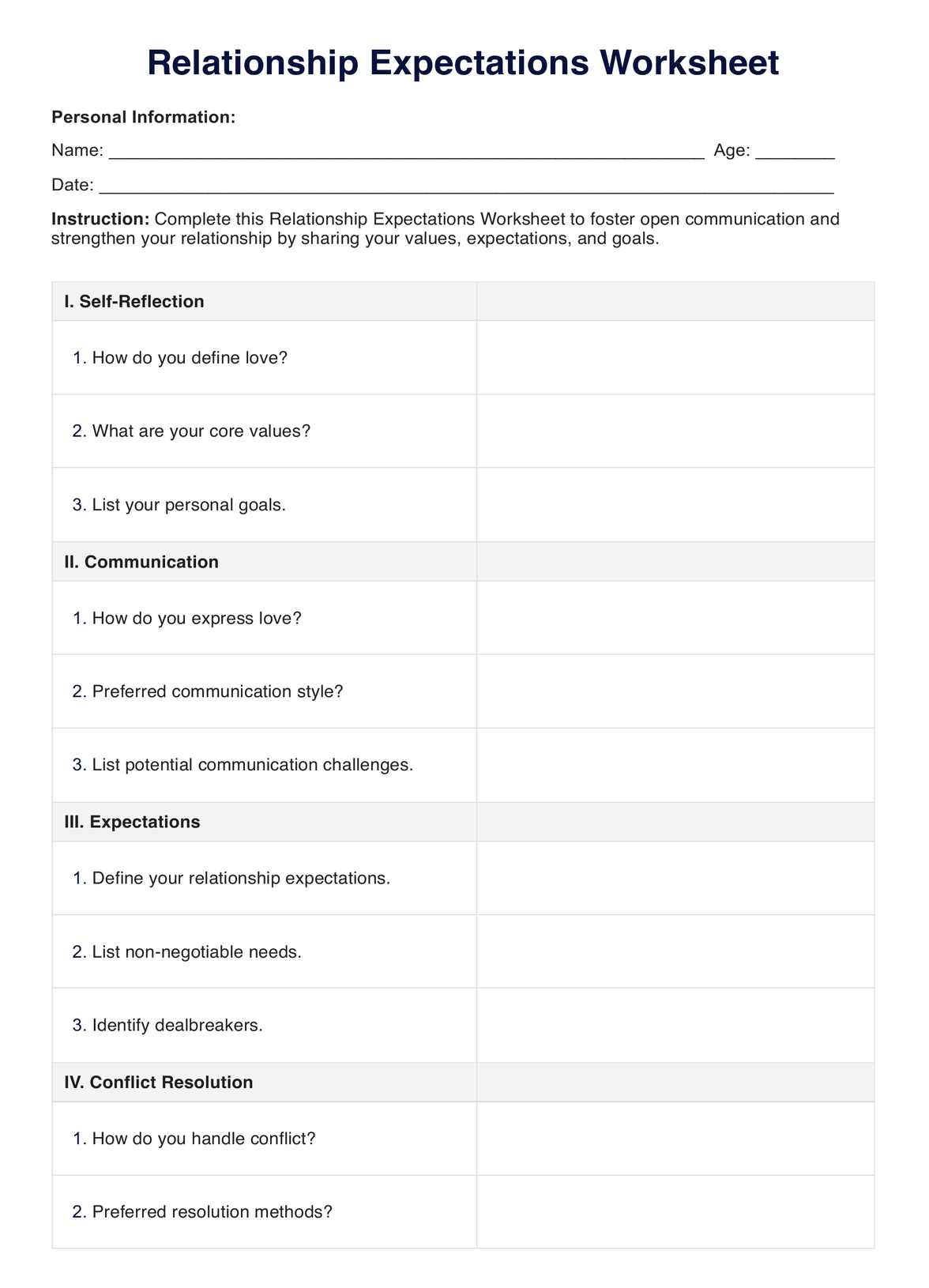 Printable Relationship Expectations Worksheet PDF Example