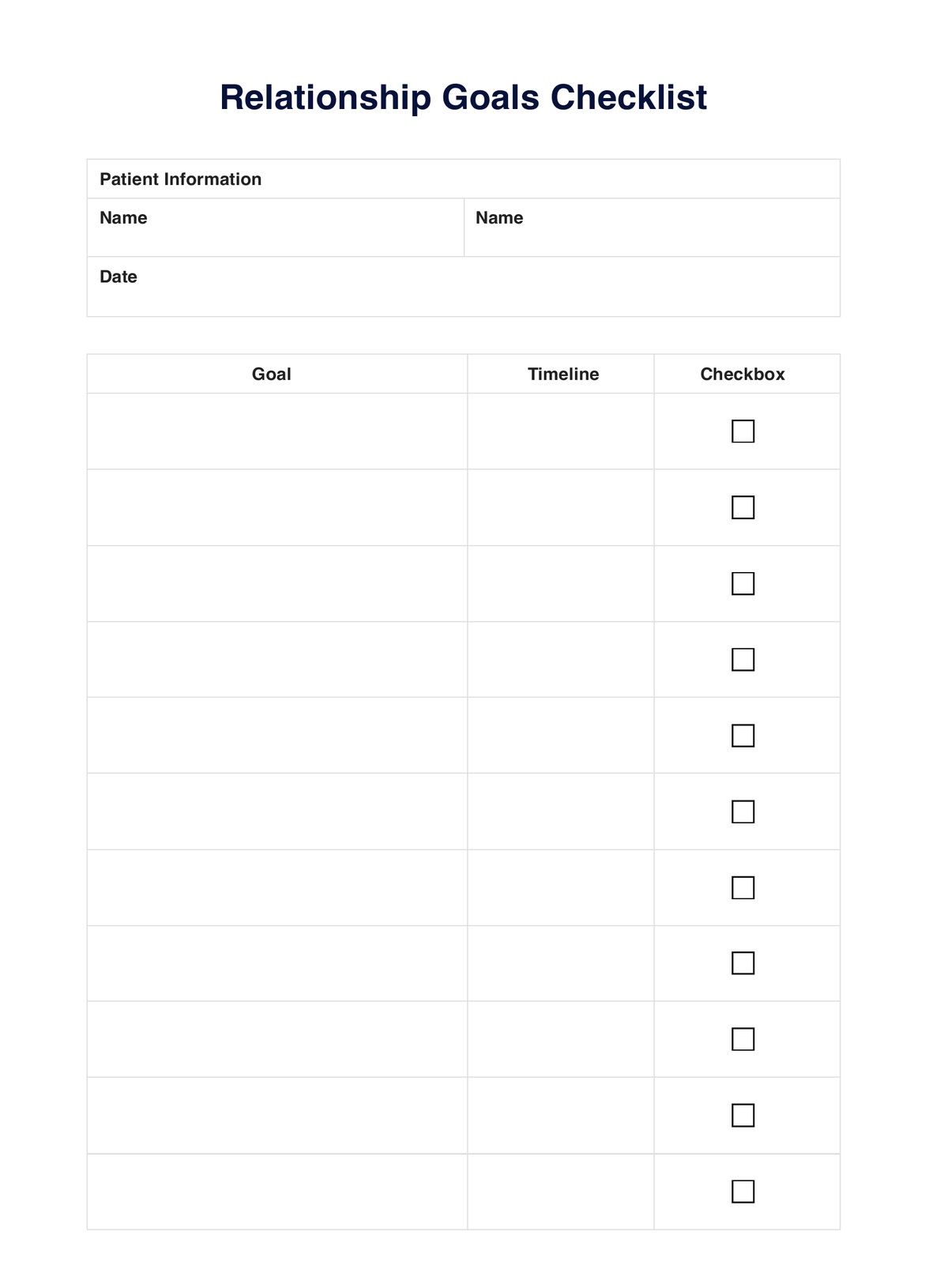 Relationship Goals Checklist PDF Example