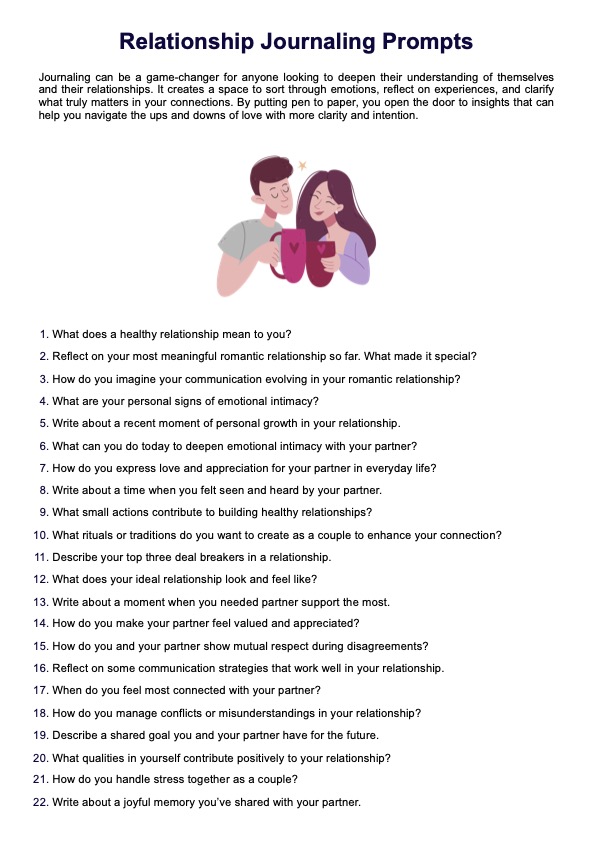 Relationship Journaling Prompts Handout PDF Example