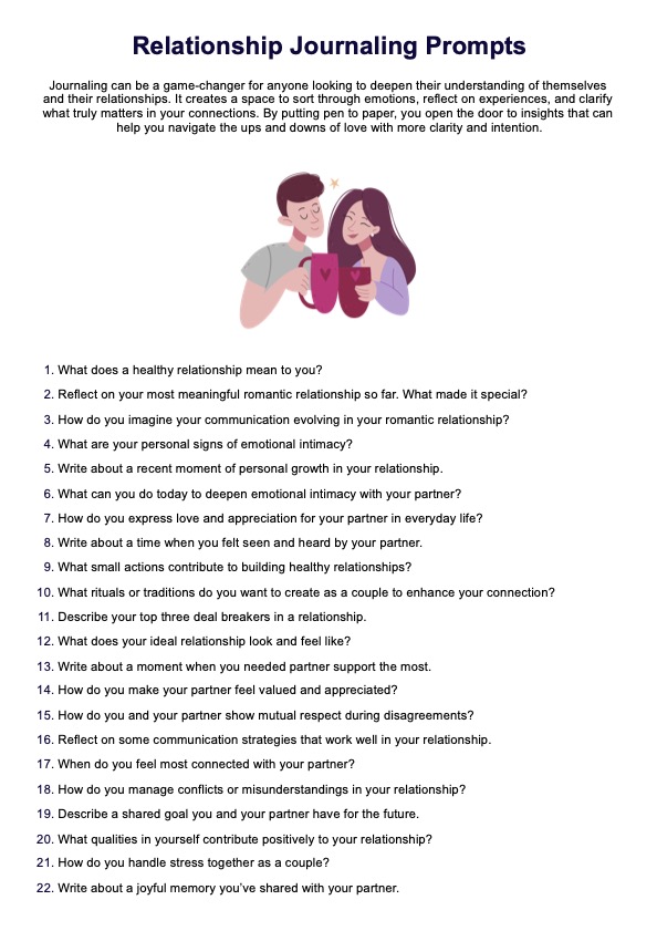 Relationship Journaling Prompts Handout PDF Example