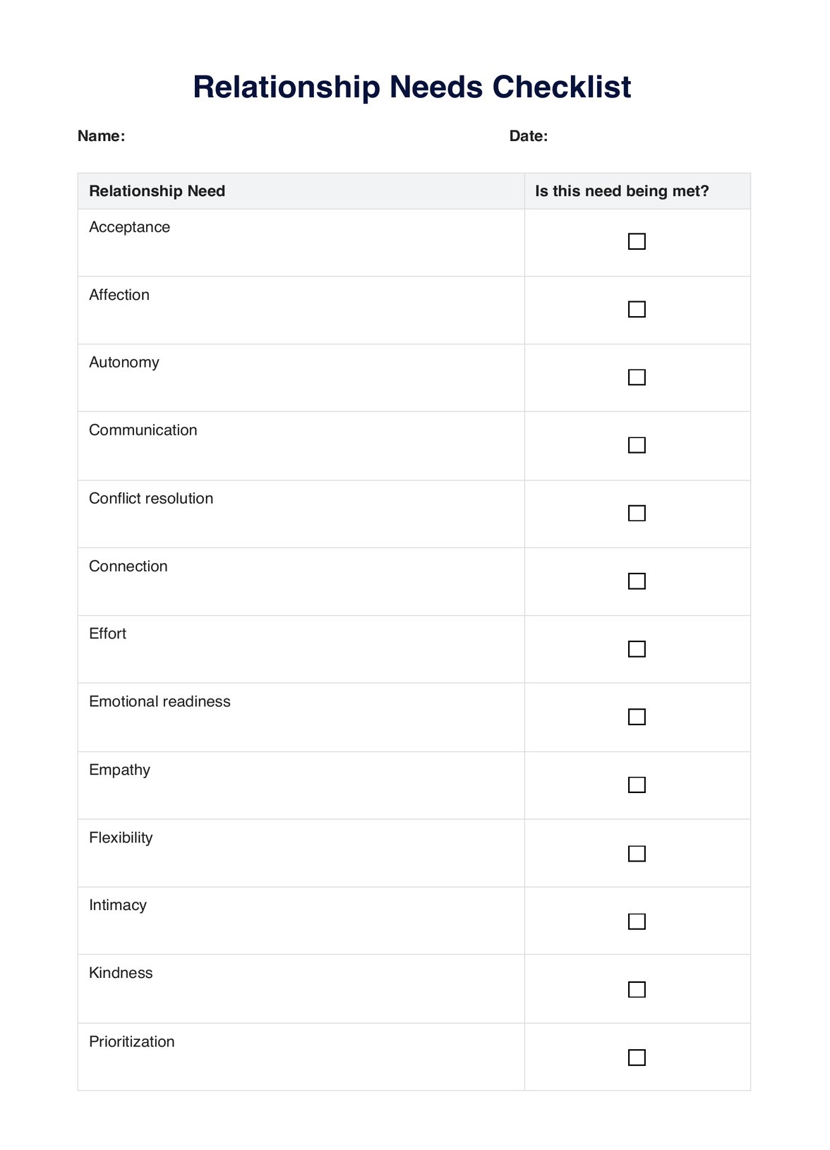 Relationship Needs Checklist PDF Example