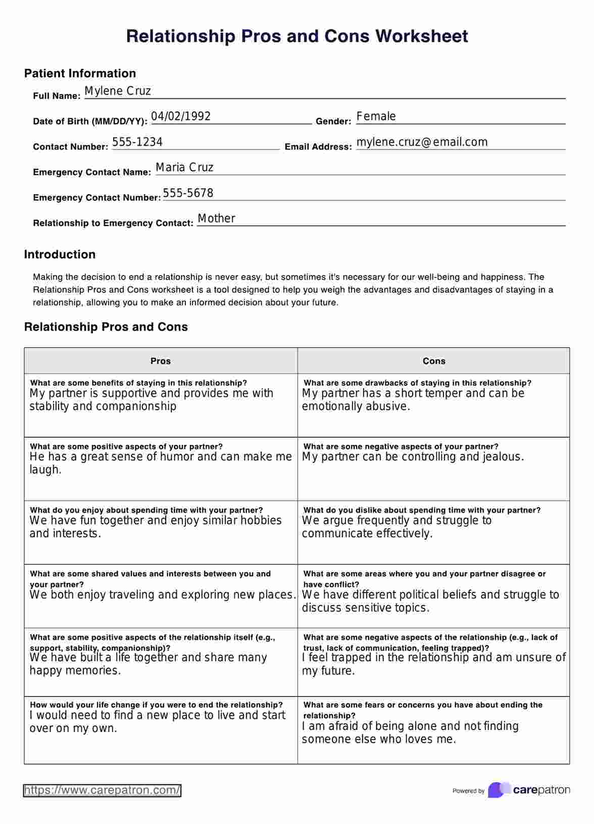 Relationship Pros and Cons Worksheet PDF Example