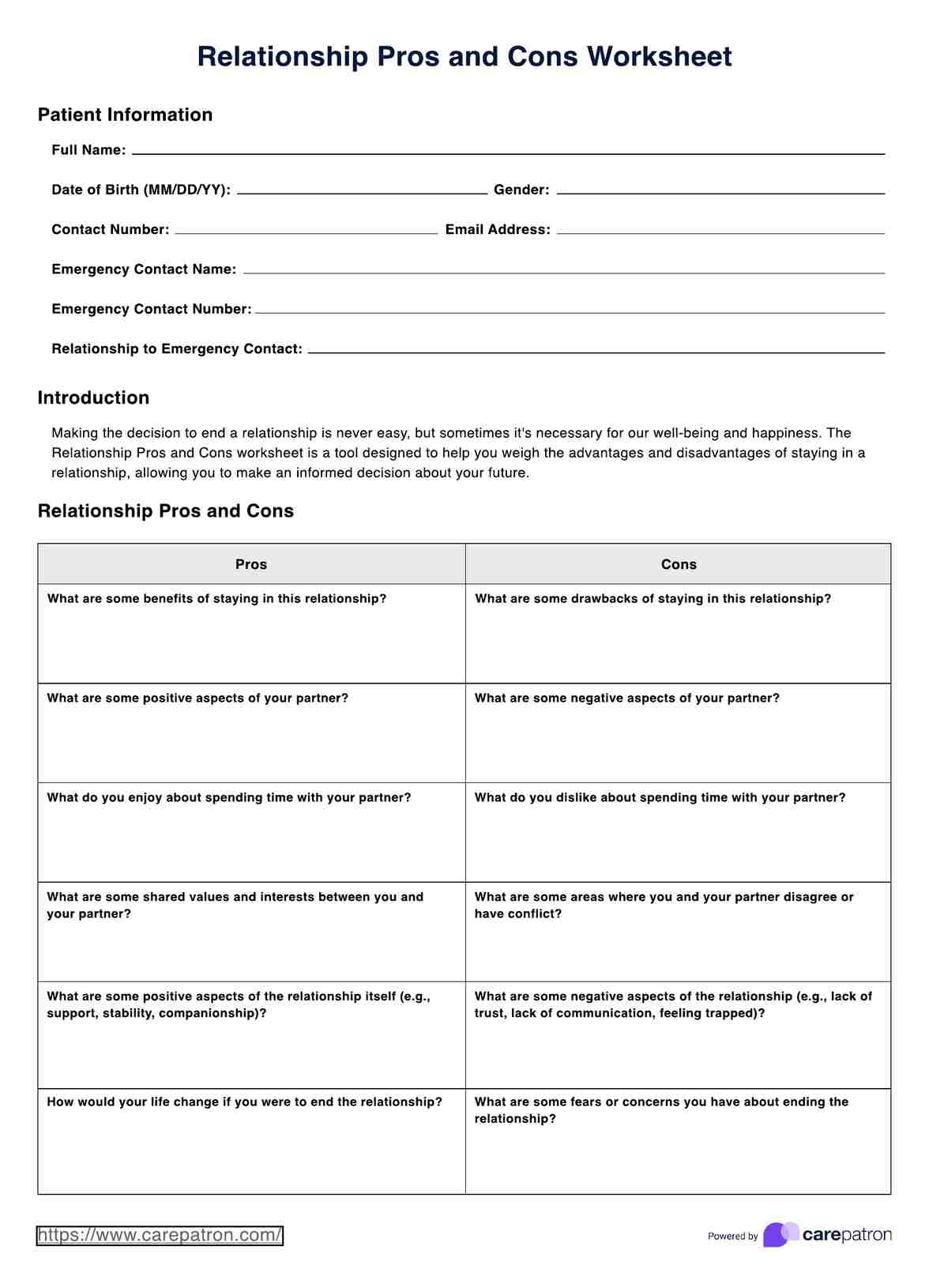 Relationship Pros and Cons Worksheet PDF Example
