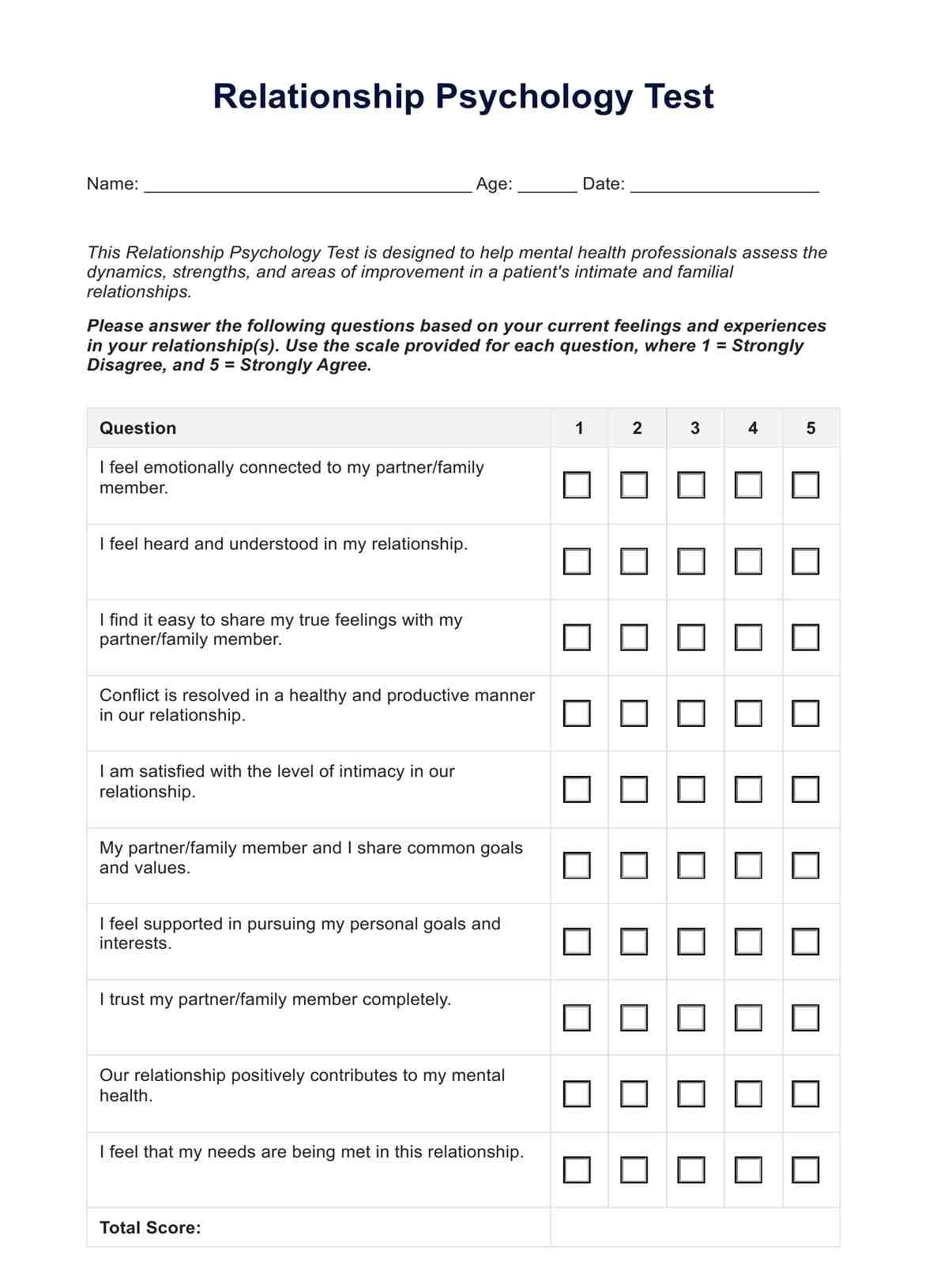 Relationship Psychology Test PDF Example
