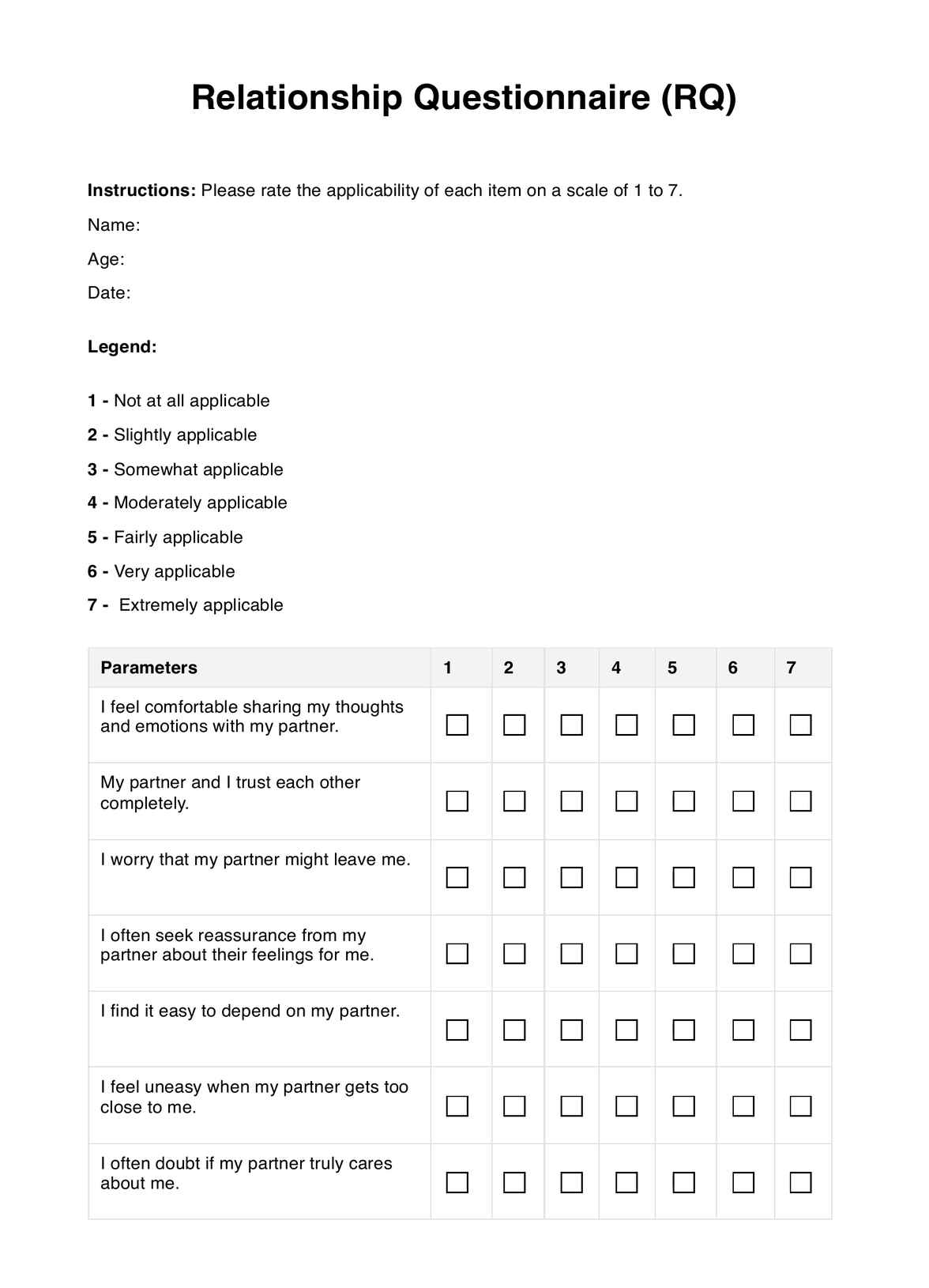Relationship Questionnaire PDF Example
