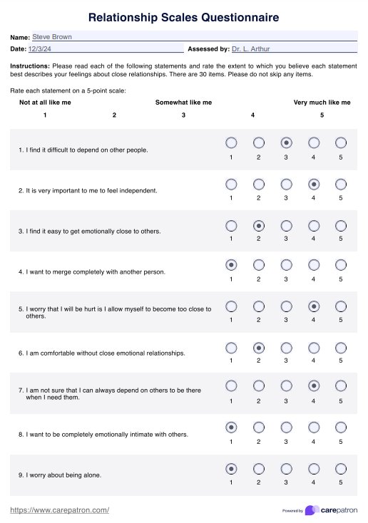 Relationship Scales Questionnaire PDF Example