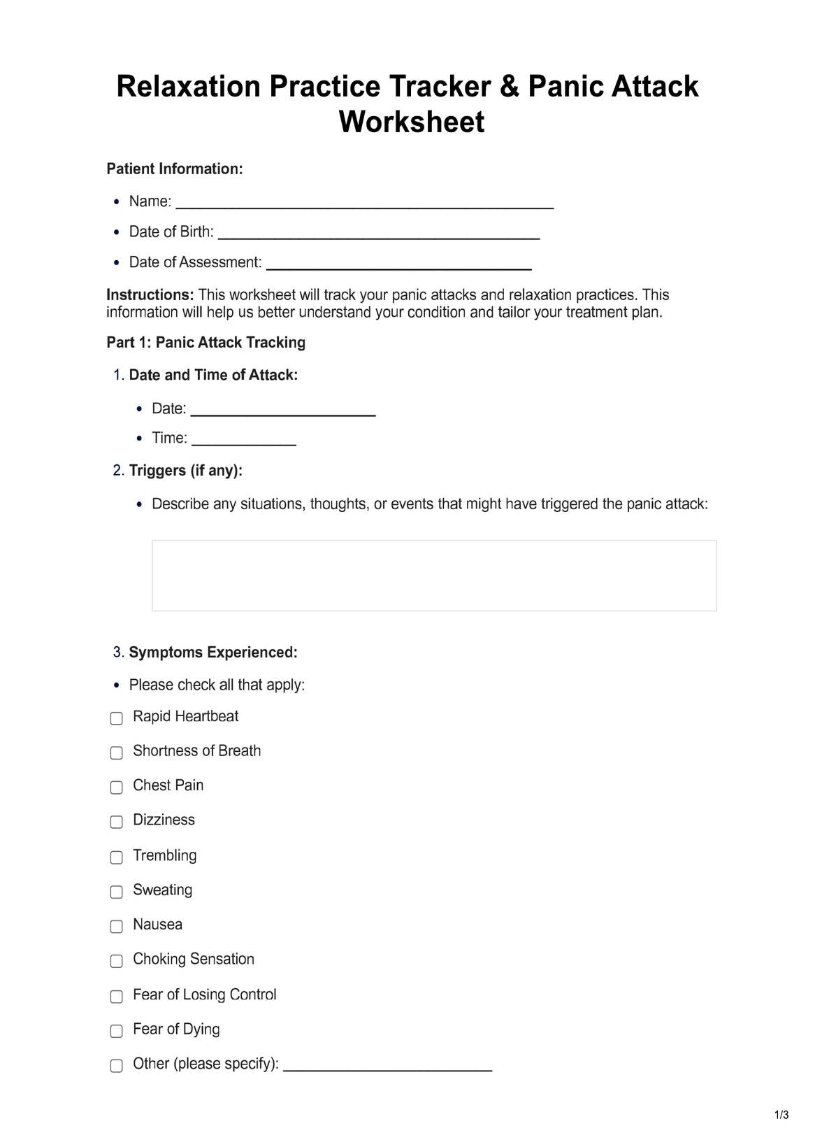 Relaxation Practice Tracker Panic Attack Worksheet PDF Example