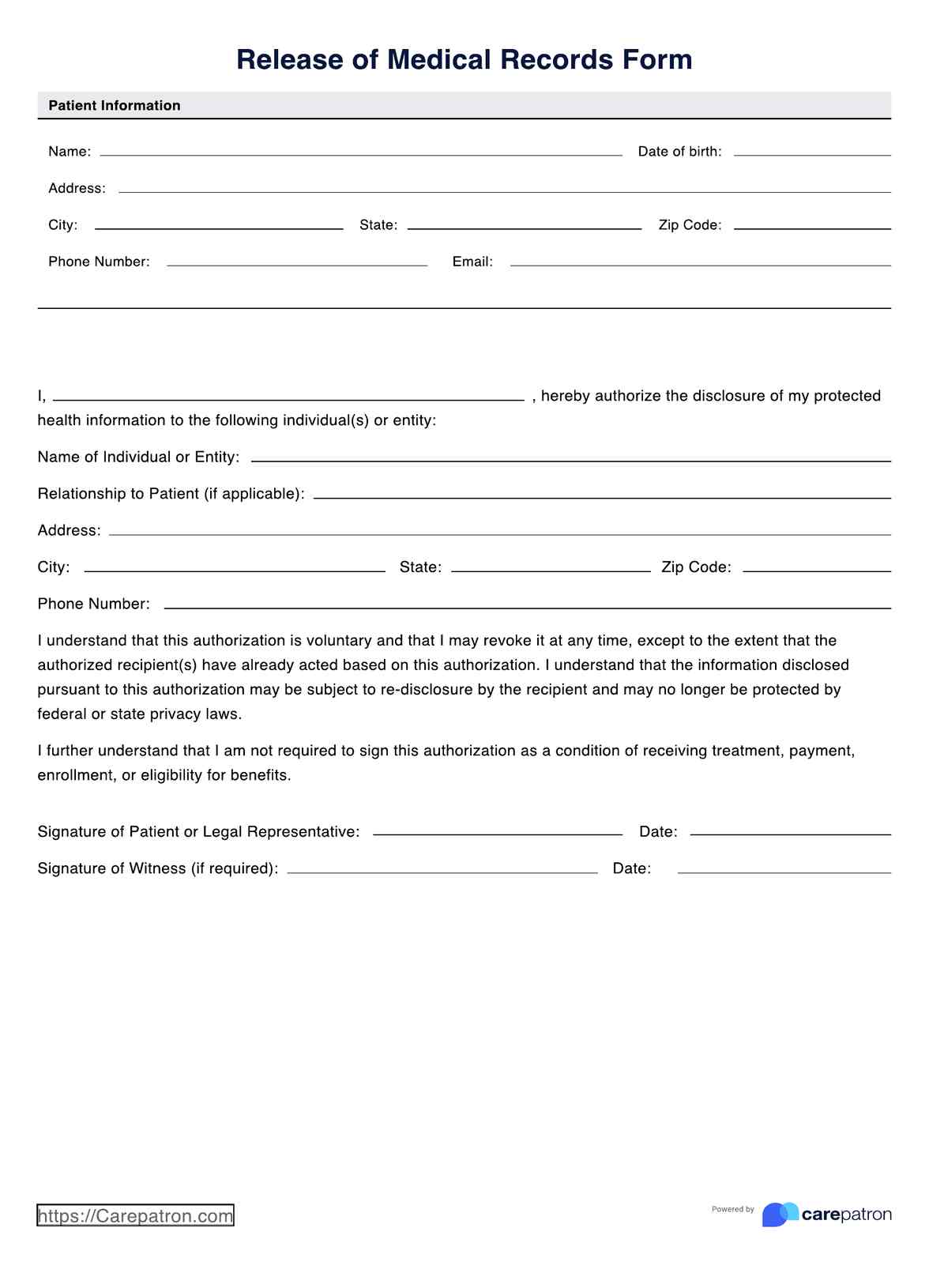 Release Of Medical Records Form PDF Example