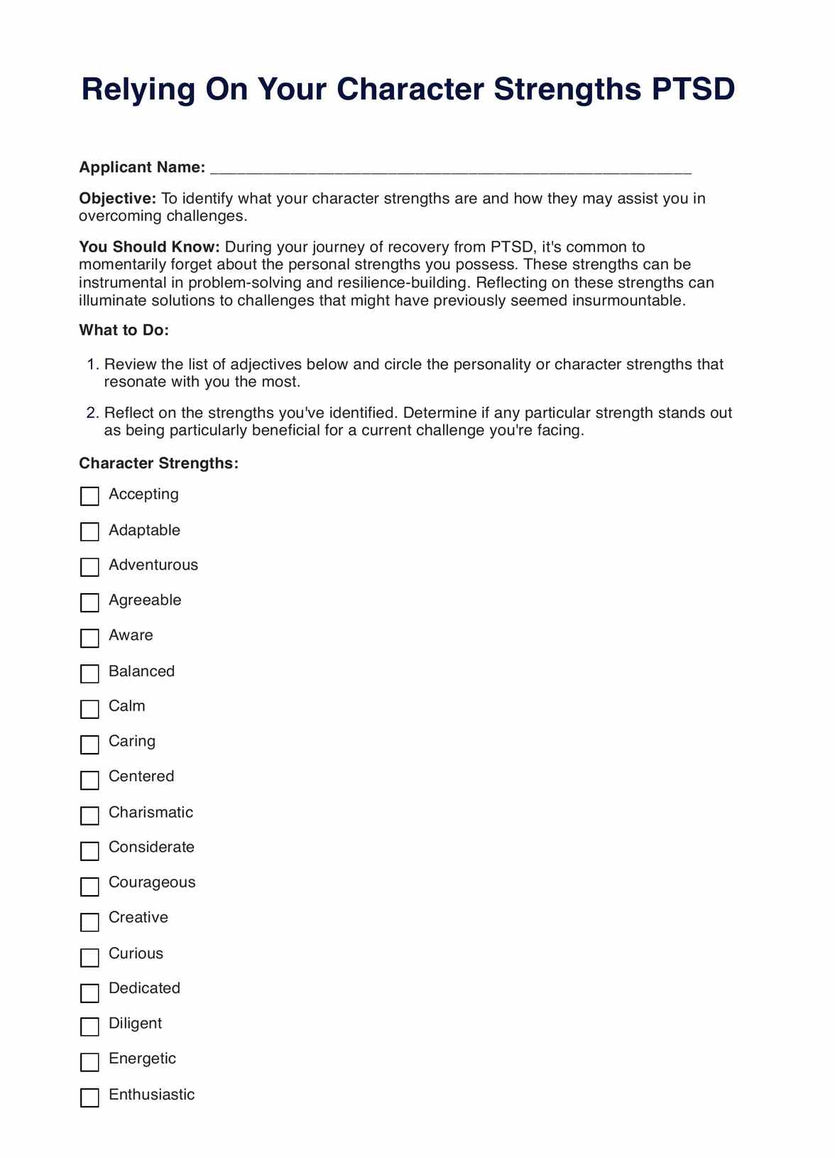 Relying On Your Character Strengths PTSD Worksheet PDF Example