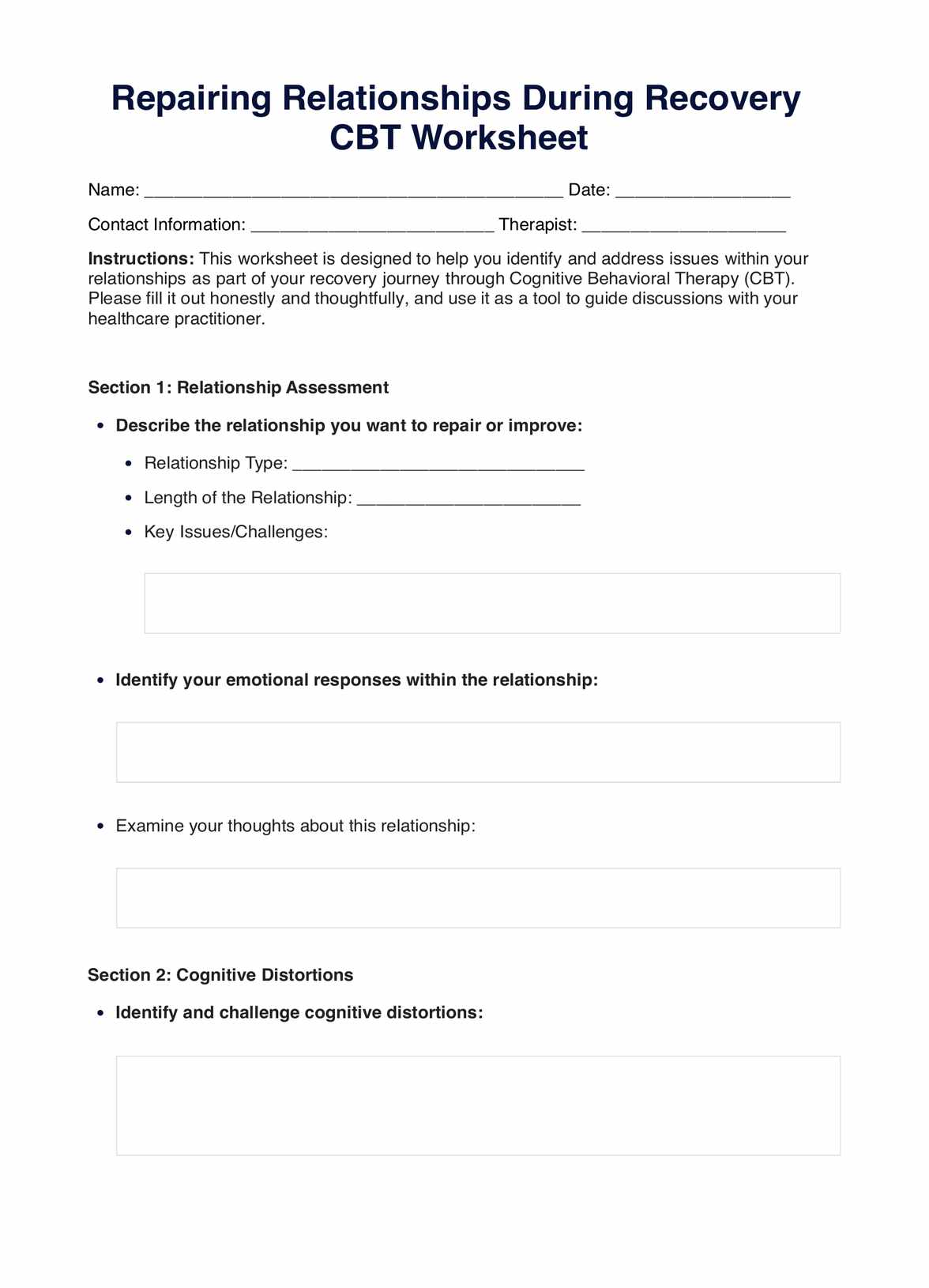 Repairing Relationships During Recovery CBT Worksheet PDF Example