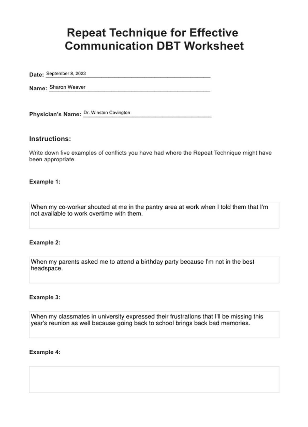 Repeat Technique for Effective Communication DBT Worksheet PDF Example