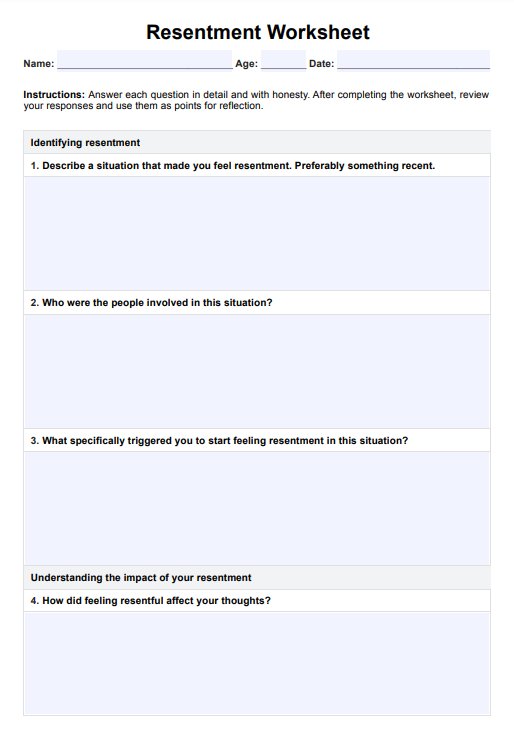 Resentment Worksheet PDF Example