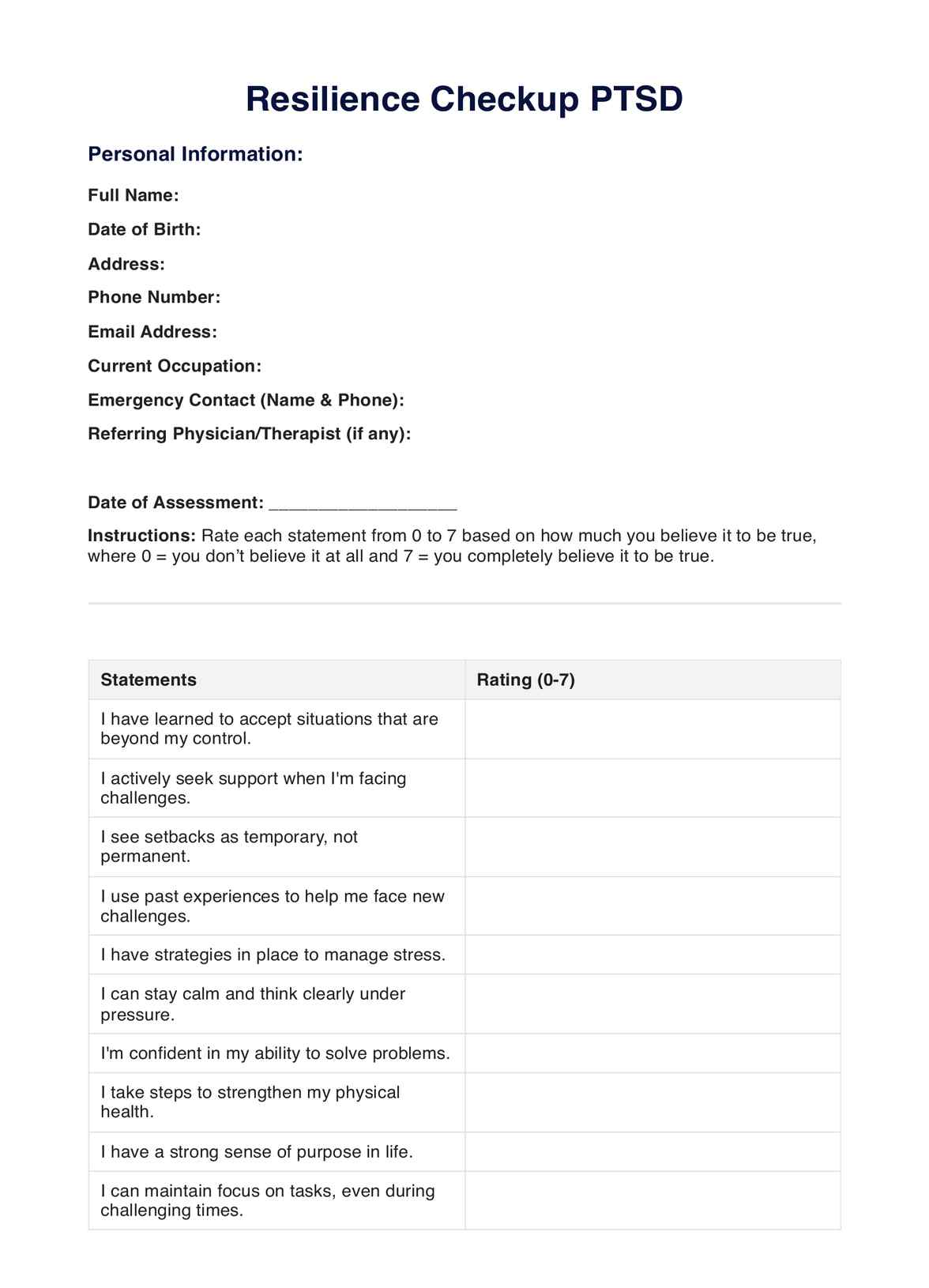 Resilience Checkup PTSD Worksheet PDF Example