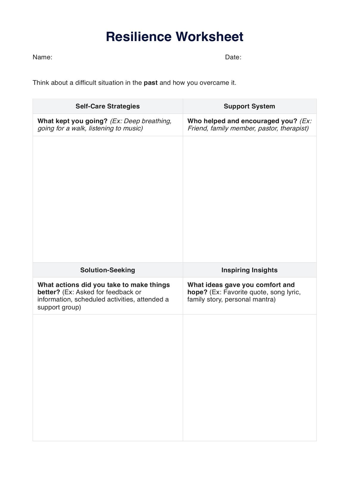 Resilience Worksheet PDF Example