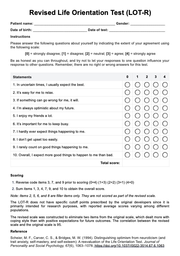 Revised Life Orientation Test (LOT-R) PDF Example