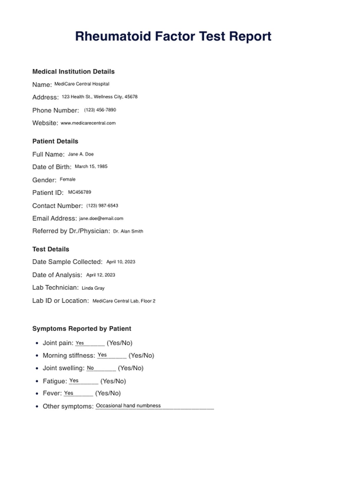 Test de factor reumatoide (RF) PDF Example