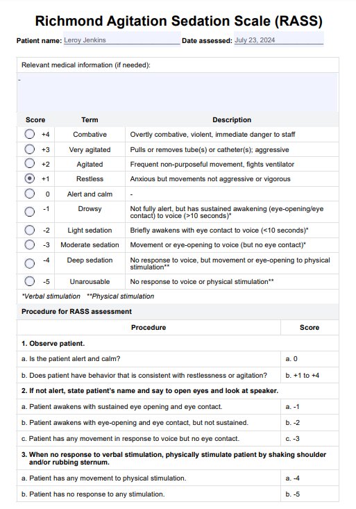 Richmond Agitation Sedation Scale (RASS) PDF Example