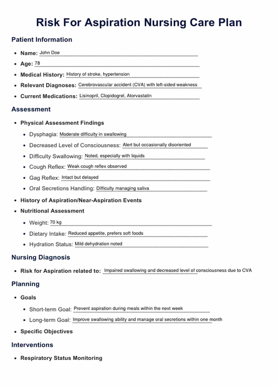 रिस्क फॉर एस्पिरेशन नर्सिंग केयर प्लान PDF Example