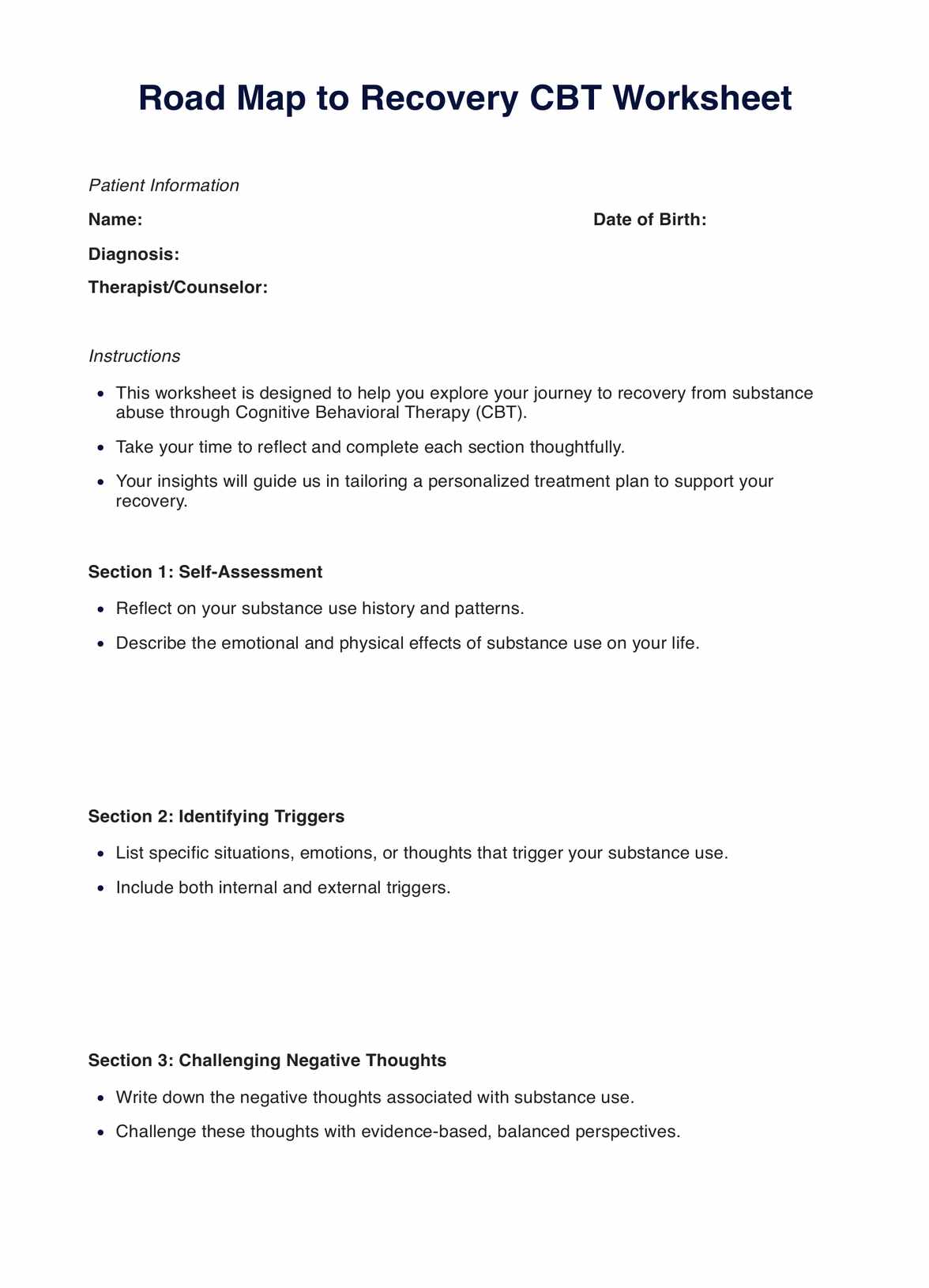 Road Map to Recovery CBT Worksheet PDF Example
