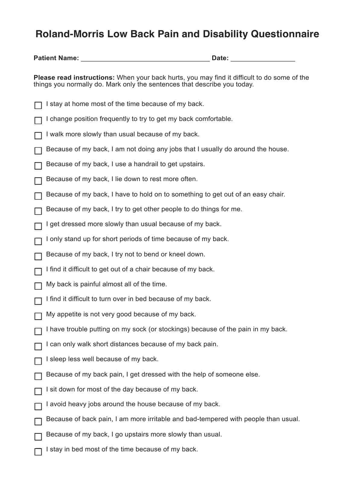 Roland Morris Disability Questionnaires PDF Example