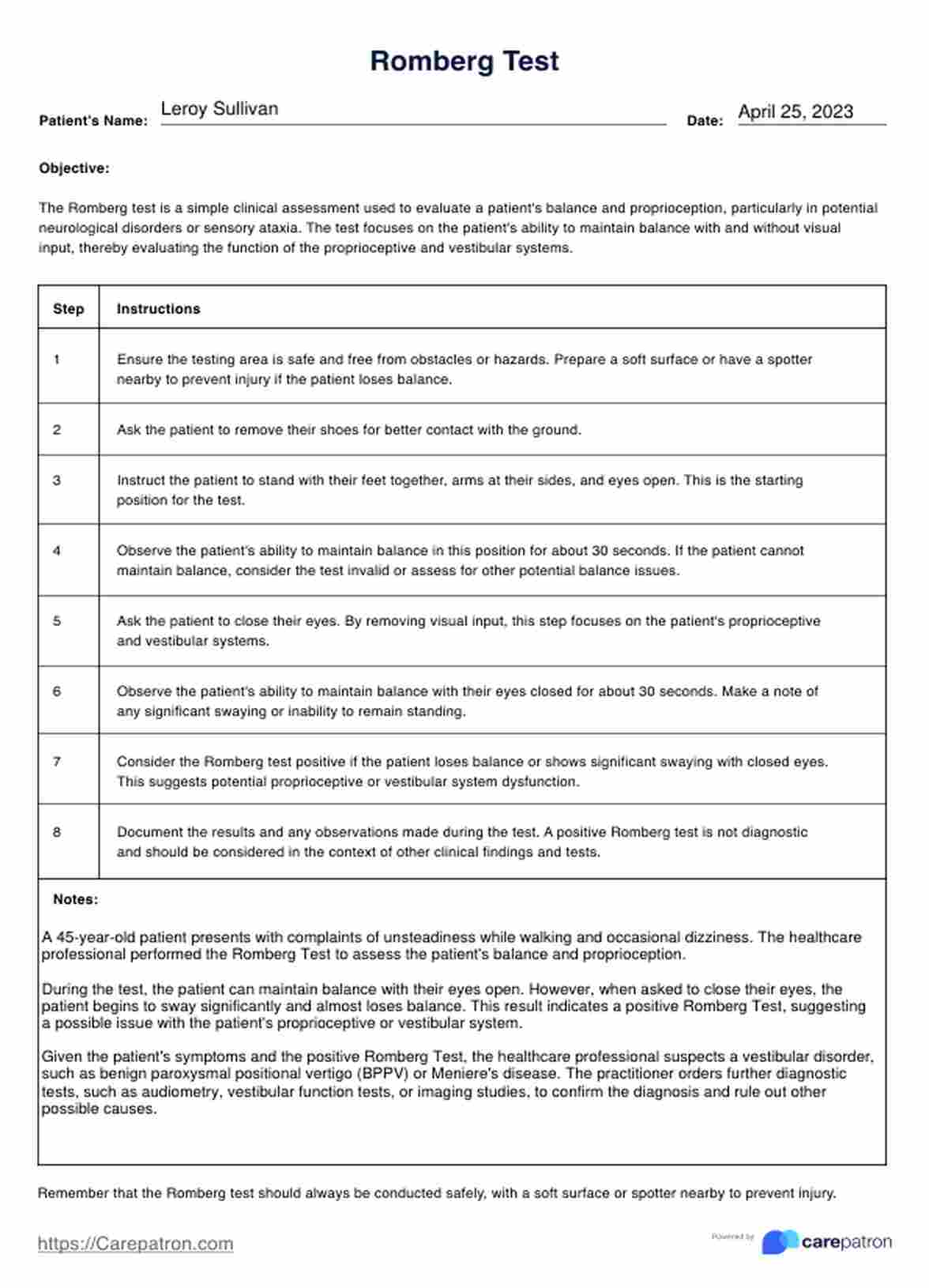 Romberg Test PDF Example