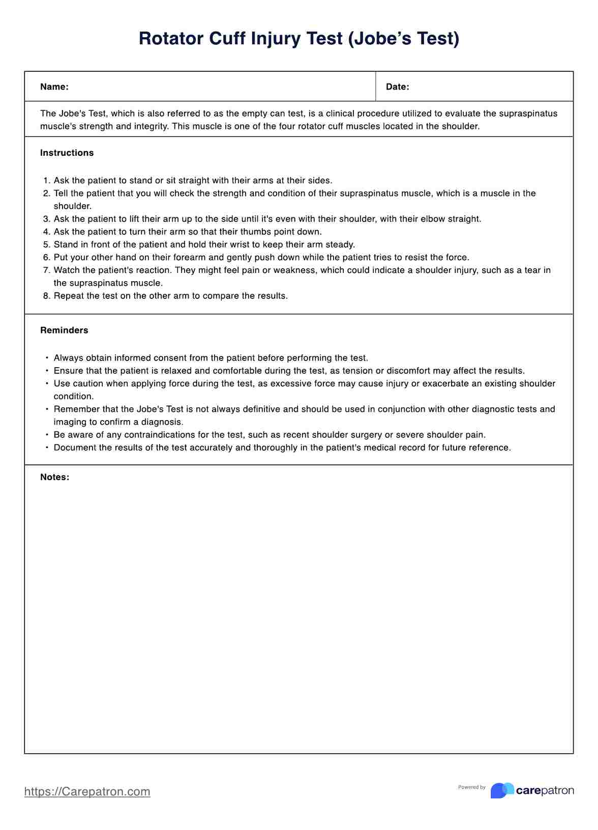 Rotator Cuff Injury Test (Jobe's Test) PDF Example