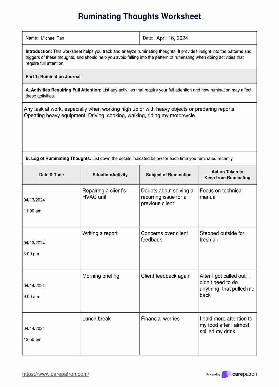 Ruminating Thoughts Worksheet PDF Example