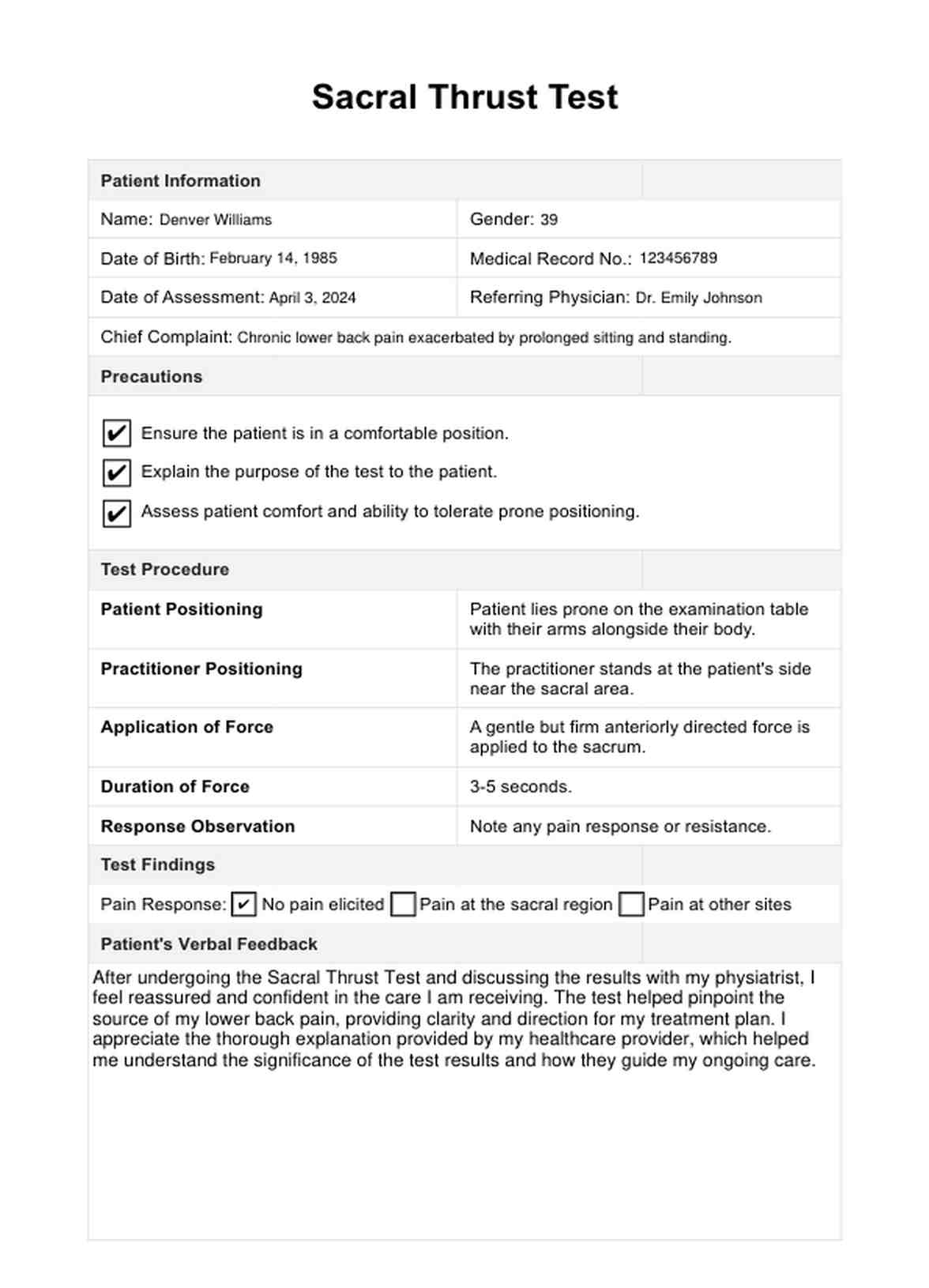 Sacral Thrust Test PDF Example