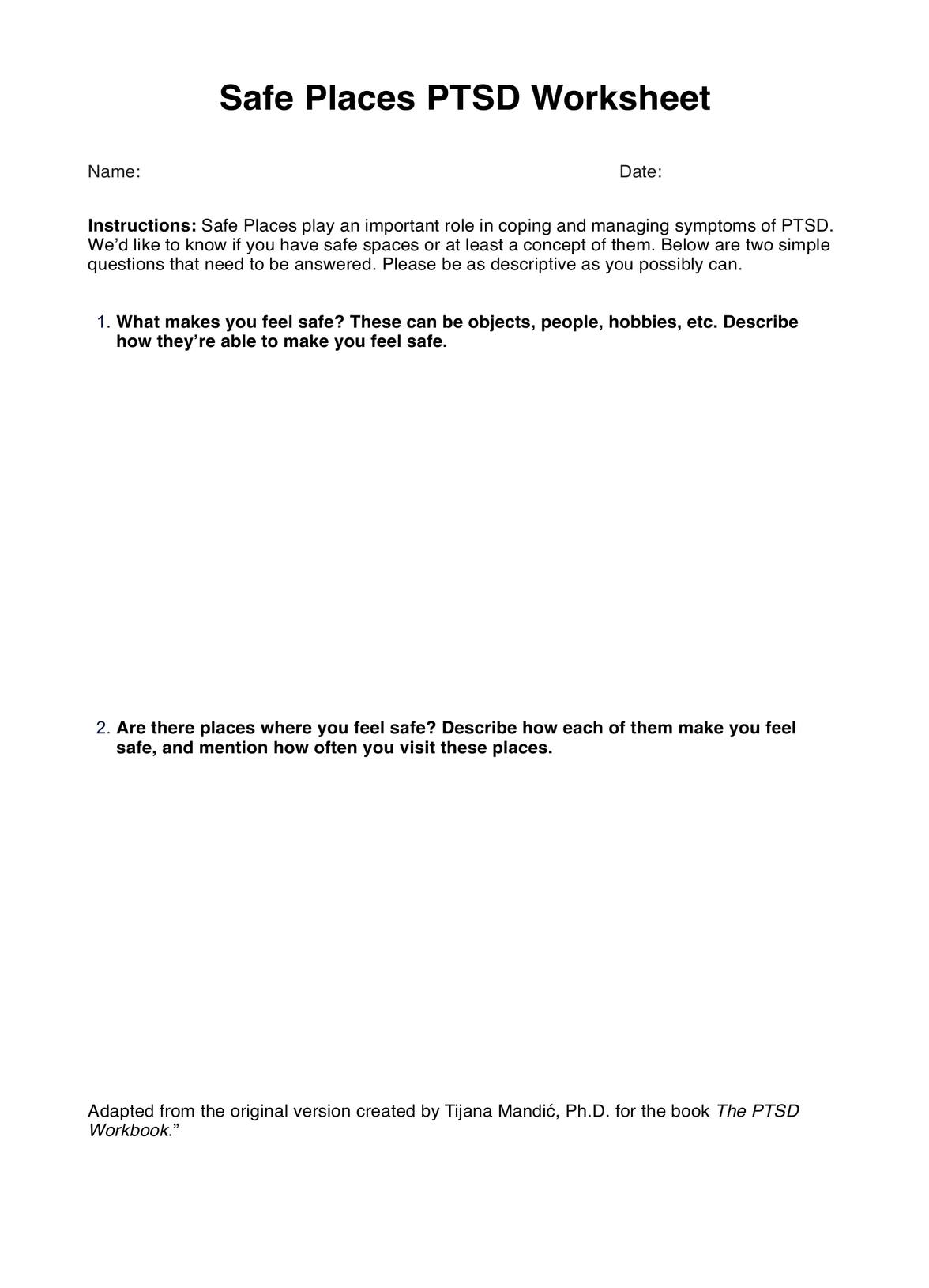 Safe Places PTSD Worksheet PDF Example