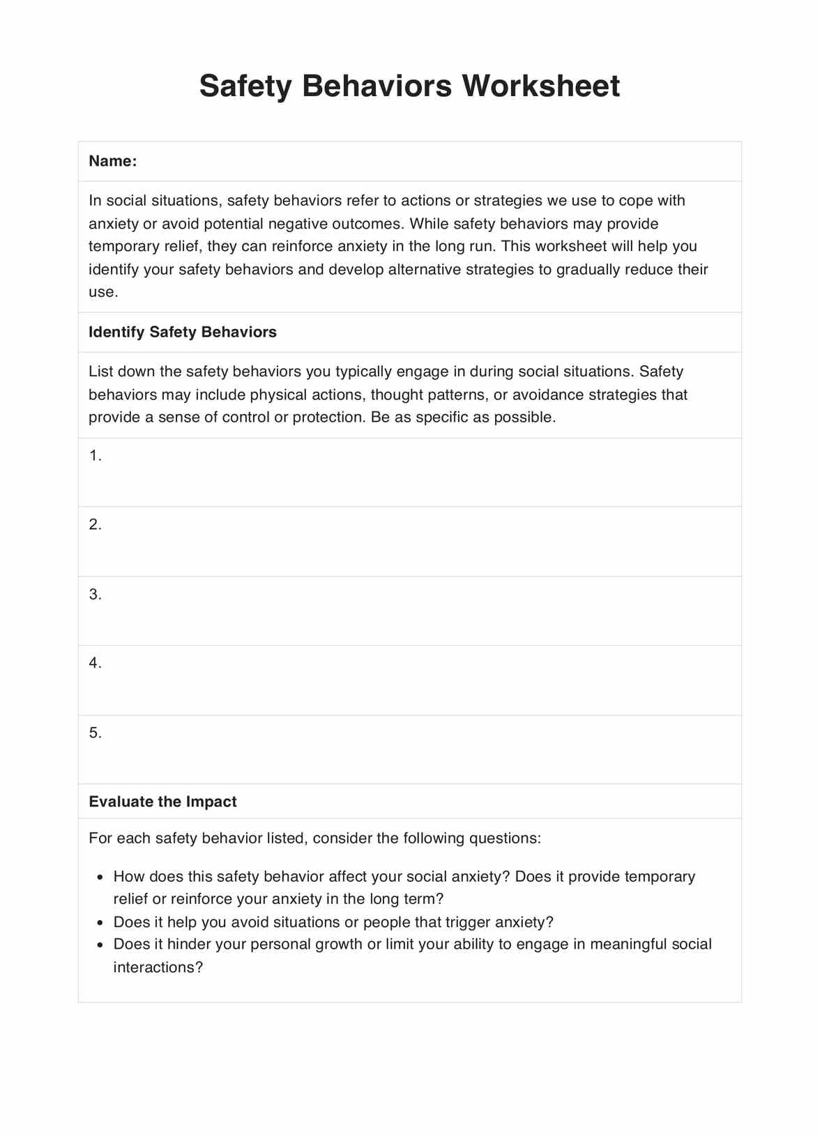Safety Behaviors Worksheet PDF Example