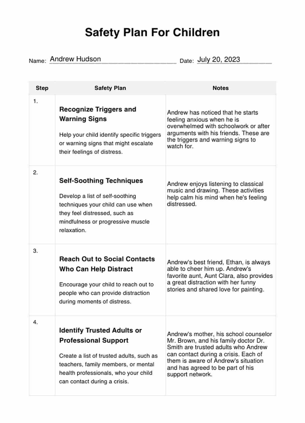 Safety Plan For Children PDF Example