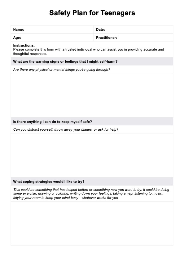 Safety Plan for Teenager Template PDF Example