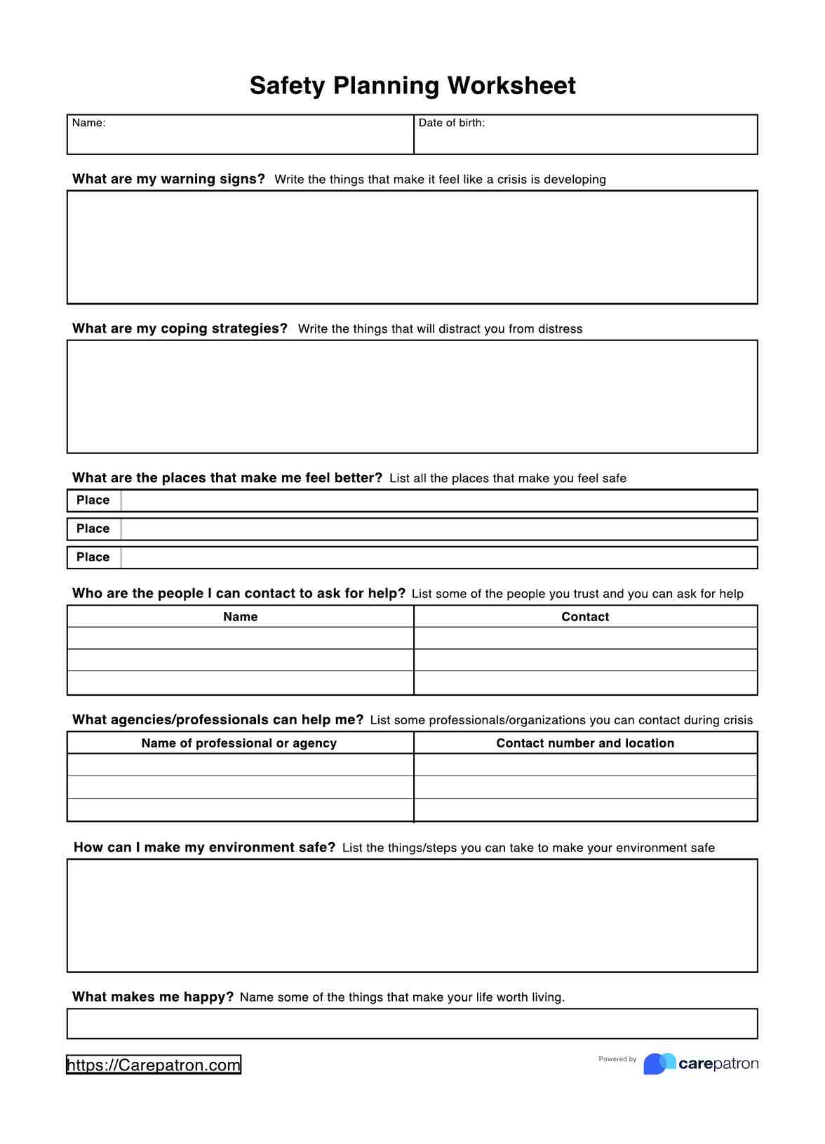Safety Planning Worksheets PDF Example