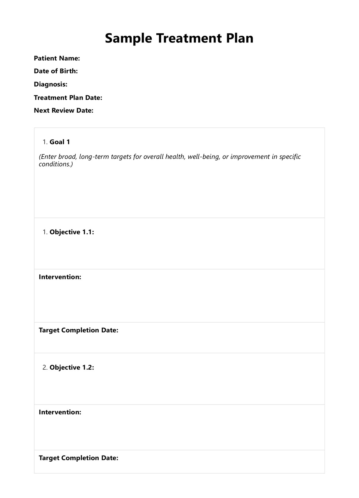 Sample Treatment Plan PDF Example