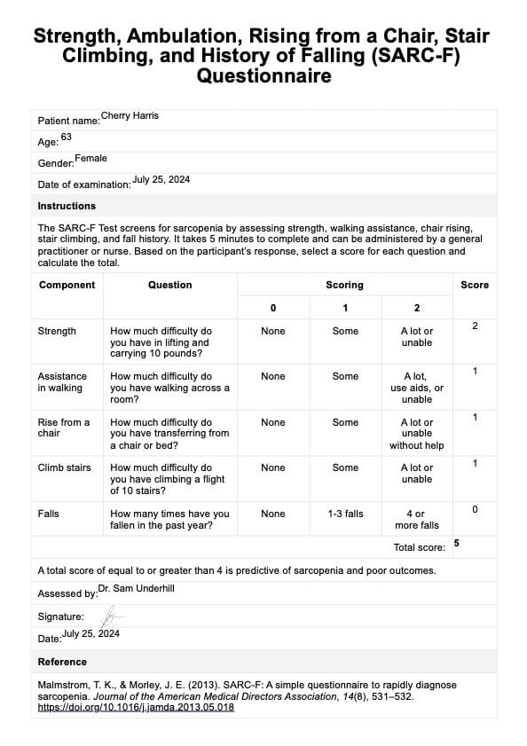 SARC-F Questionnaire PDF Example