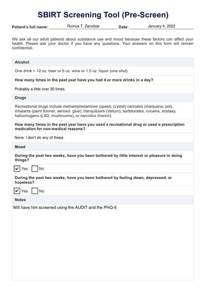 SBIRT Screening Tool (Pre-Screen) PDF Example
