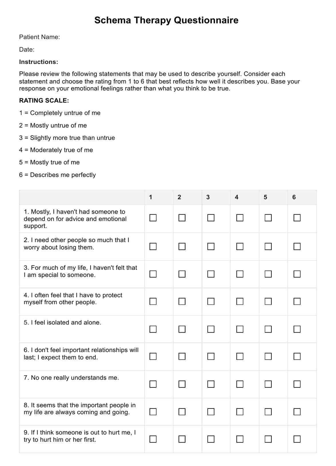 Schema Therapy Questionnaire PDF Example