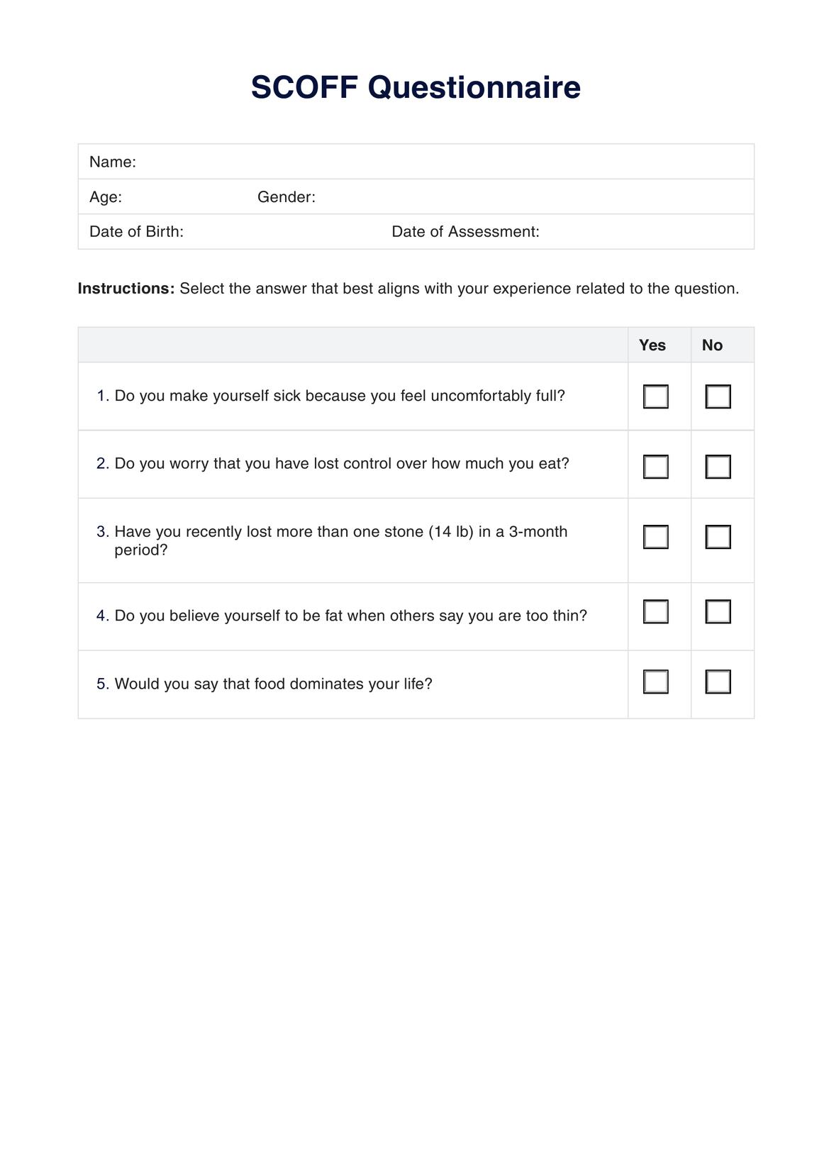 SCOFF Questionnaire PDF Example